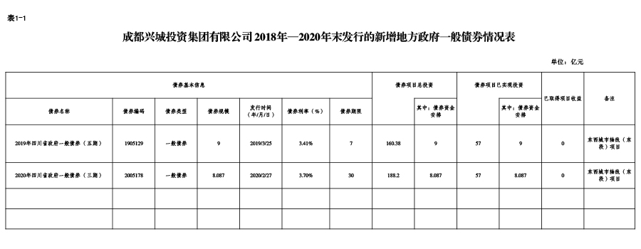 成都興城投資集團(tuán)有限公司-2018年—2020年末發(fā)行的新增地方政府一般債券情況表